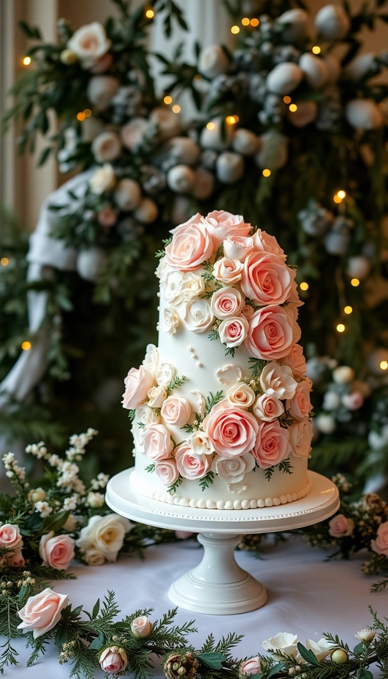 16 Gorgeous Winter Wedding Cake Designs That Are Almost Too Beautiful to Eat (Don't Miss #3!) - 13. Frosted Floral Dream