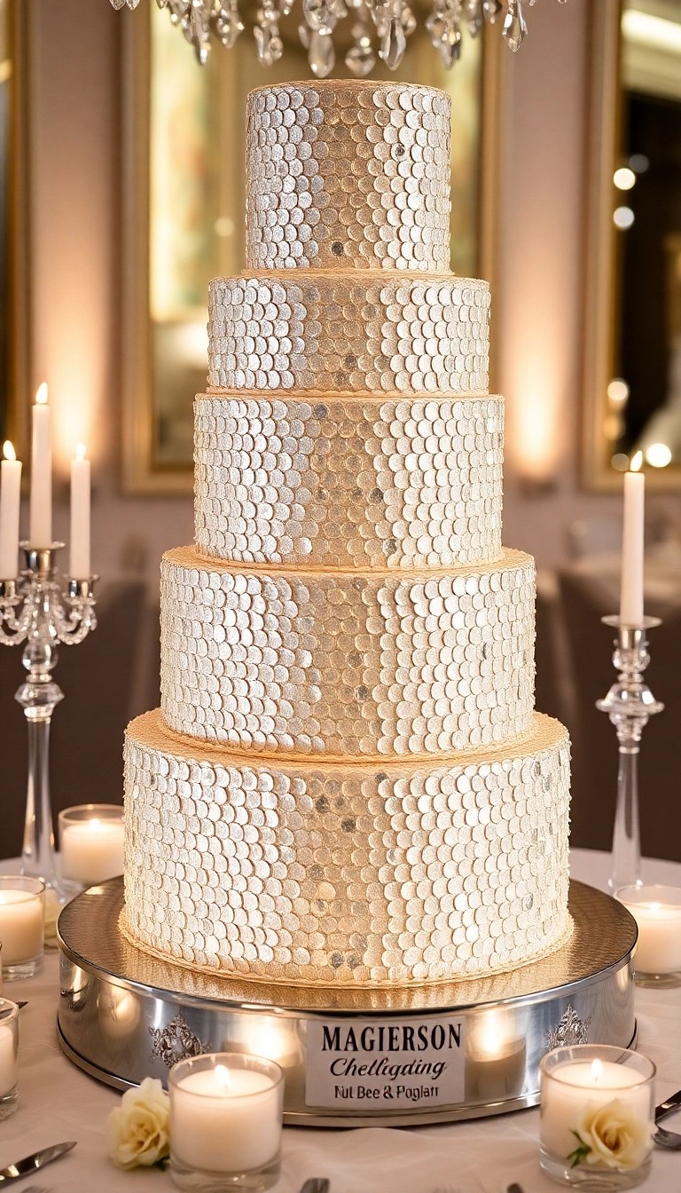 16 Gorgeous Winter Wedding Cake Designs That Are Almost Too Beautiful to Eat (Don't Miss #3!) - 14. Sparkling Sequin Cake
