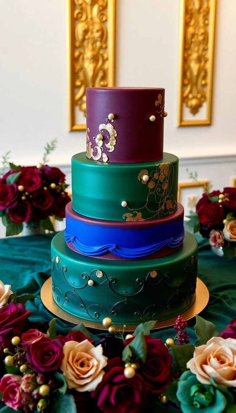 16 Gorgeous Winter Wedding Cake Designs That Are Almost Too Beautiful to Eat (Don't Miss #3!) - 6. Jewel Toned Opulence