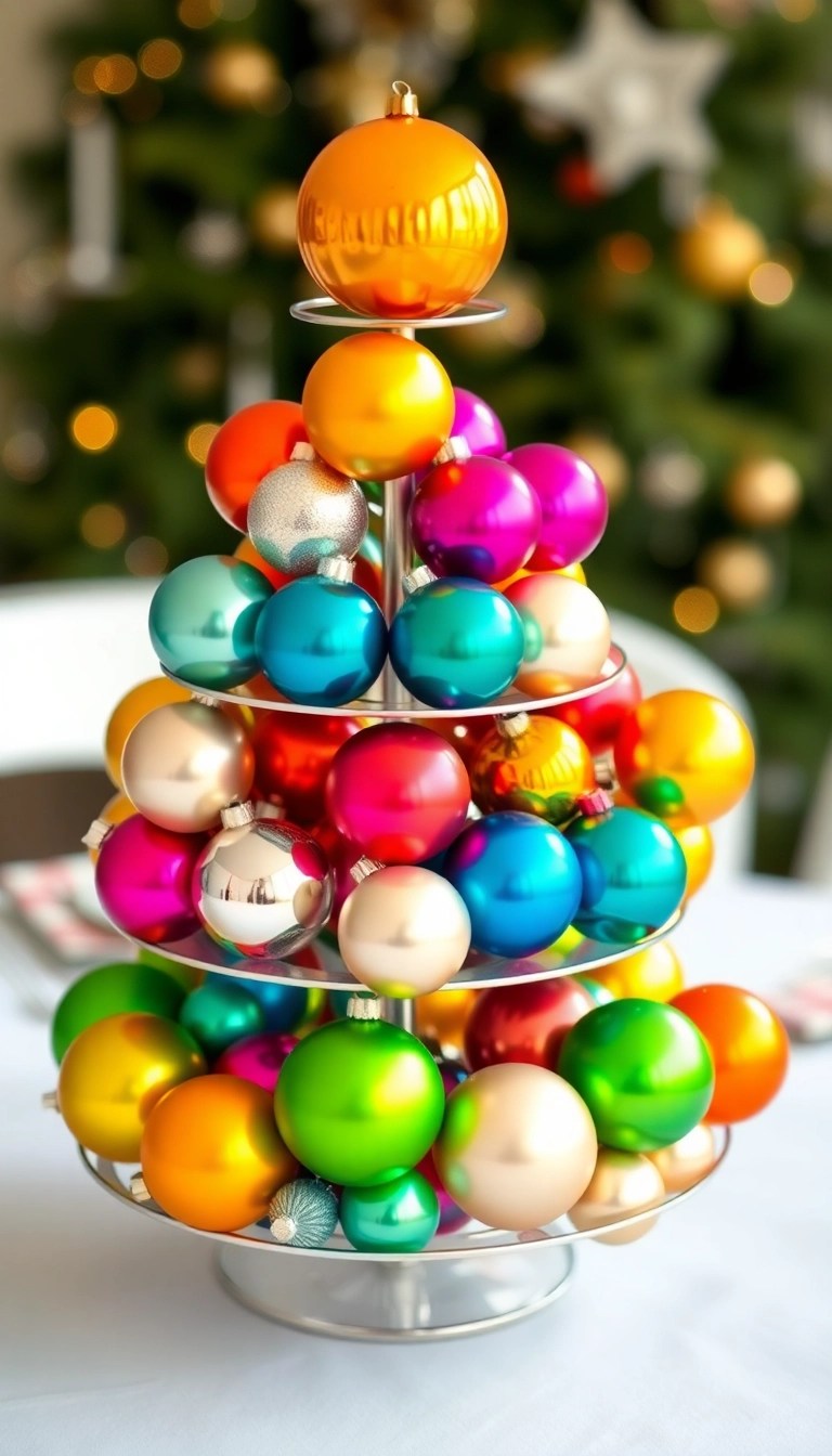 19 Bold Table Centerpieces That Will Wow Your Holiday Guests (You’ll Love #5!) - 5. Playful Ornament Towers