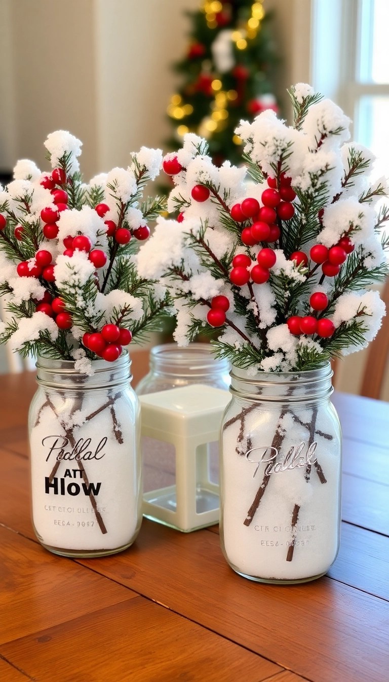 20 Easy DIY Christmas Decor Ideas That Will Wow Your Guests (And Save You Money!) - 9. Snowy Mason Jar Vases