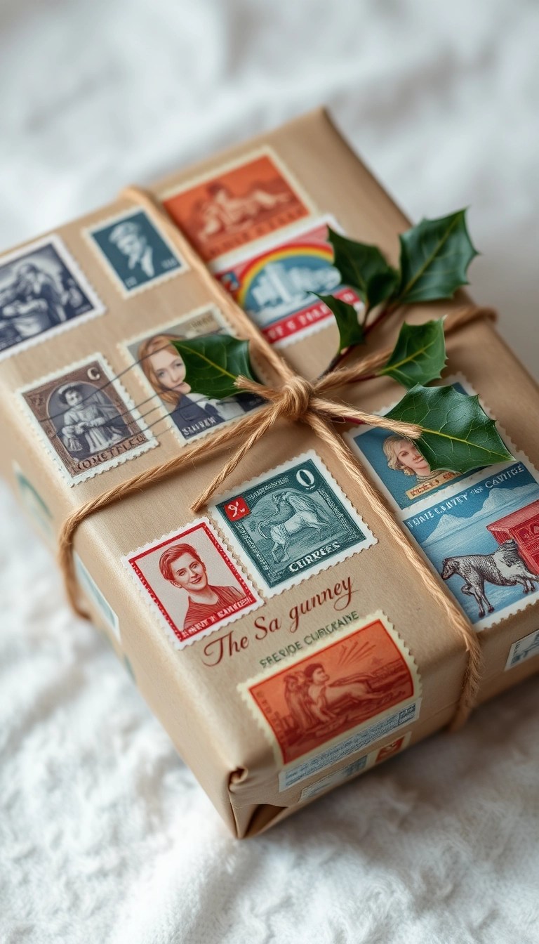 22 Vintage Gift Wrap Ideas That'll Make Your Presents Stand Out Under the Tree! - 1. Kraft Paper with Vintage Postage Stamps